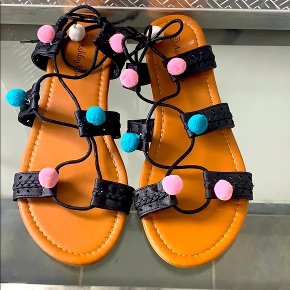 Ashley Blue Shoes - Ashley Blue Pom Pom Lace Sandals